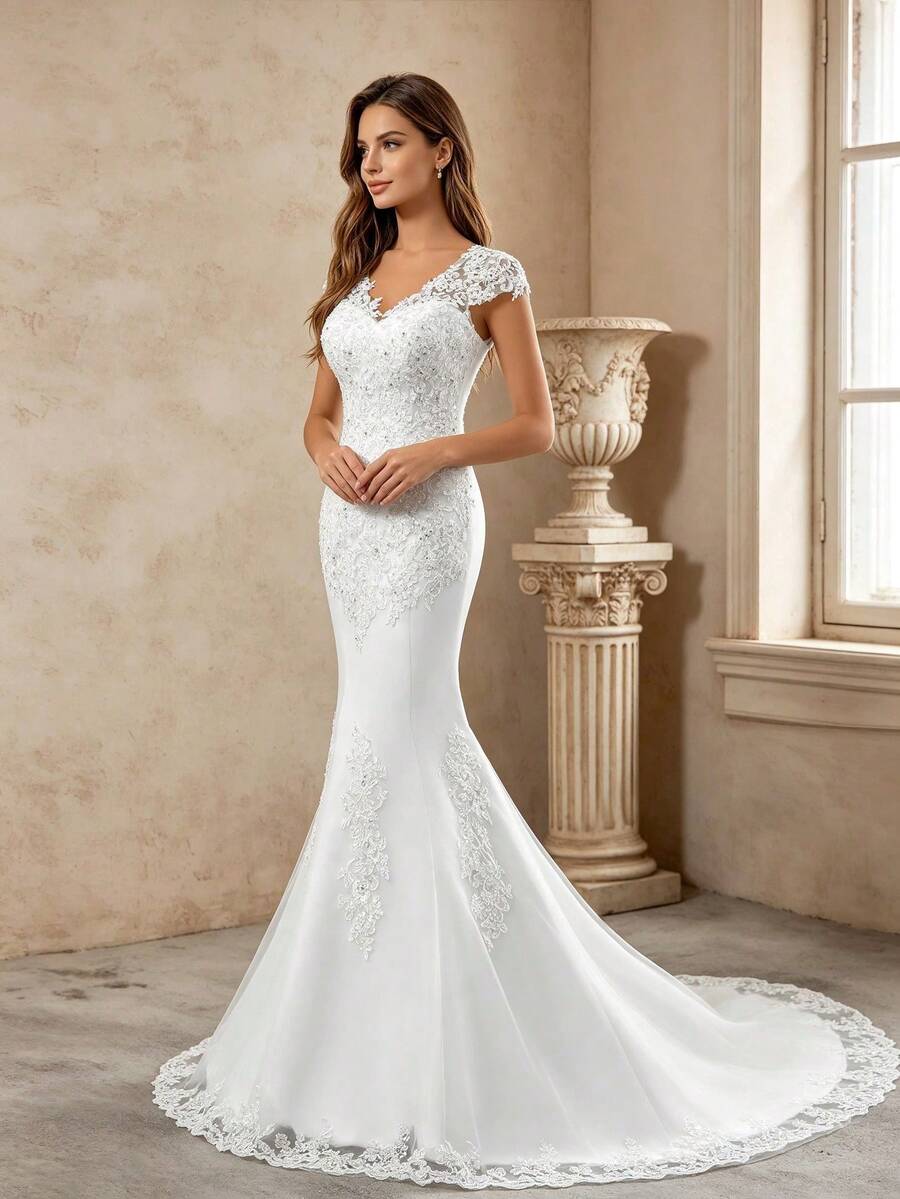 Elegant Ivory Lace Applique Hand-Beaded Mermaid Wedding Dress, Perfect For Beach Wedding & All-Season Bridal Gown - Beige - View 1
