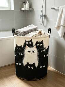 Large Capacity Foldable Cat Laundry Basket With Handle - Cute Tabby Cat Face Storage Bin, Dirty Clothes Organizer, Portable Polyester Storage Bag, Suitable For Bedroom, Dorm, Room - Space-Saving Laundry Basket, Essential Home Helper - Multicolor - View 6