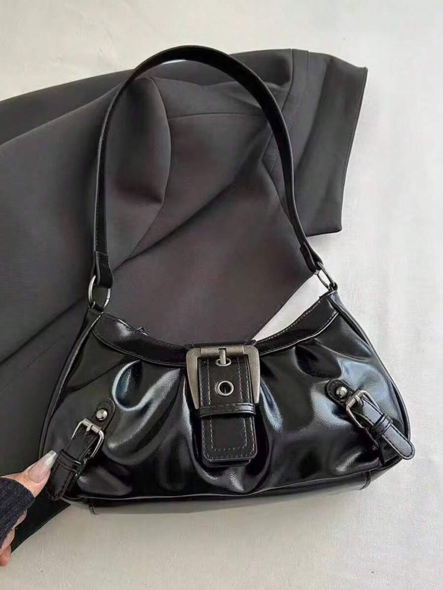 New Vintage Fashion Y2K Style Square Bag, Metal Belt Buckle, Zipper Opening, Lightweight Minimalist, Solid Color Pleated Shoulder Underarm Bag. - Black - View 1