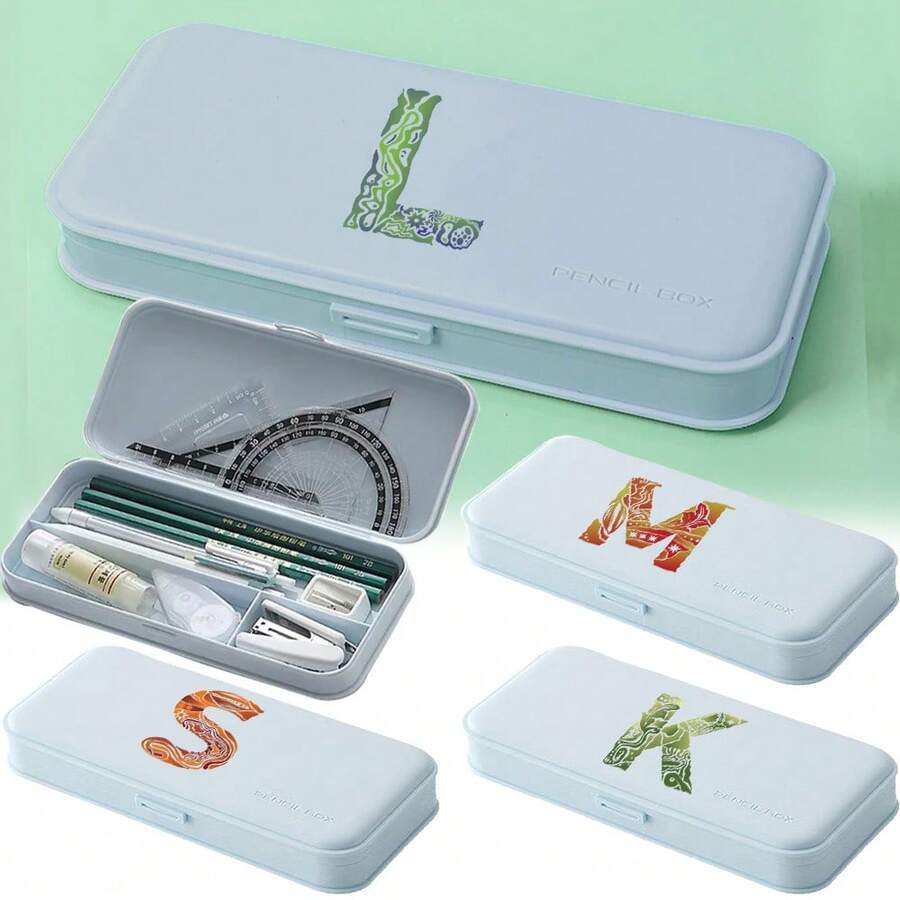 1pc Pp Pen Case Aesthetic Minimalist Large Capacity Durable Student Stationery Storage Box School Study Office Desk Organizer Pencil Case Alphabet Patterned - Blue - View 1