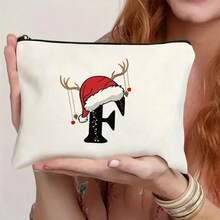Santa Hat Reindeer Antler Initial Letter Makeup Bag, Christmas A-Z Alphabet Zipper Pouch, Portable Travel Cosmetic Organizer, Holiday Gift For Ladies - Multicolor - View 12