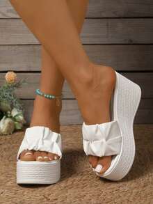 Women's PU Leather Ruched Decor Wedge Heel Slides Textured Thick Sole Casual Beach One-Strap Sandals - White - View 4