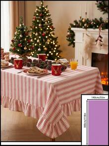 1pc Beige With Pink Fine Stripe Tablecloth, Traditional Country Style, Rectangular With Scalloped Edge And Pleated Details, Stain-Resistant Protective Table Cover, Suitable For Christmas, Family Gatherings And Winter Holiday Dining Room Decor - Pink - View 18