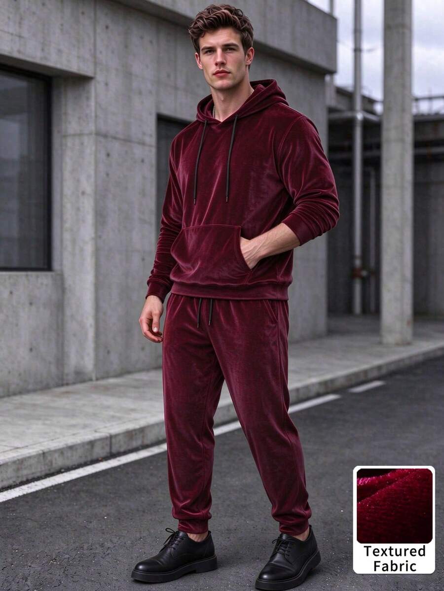 [2026 Autumn/Winter New]Light Luxury Home Style Men's Velvet Hoodie Sweatshirt Set, Smooth Silky Fabric, Kangaroo Pocket Drawstring Hooded Top + Elastic Drawstring Cuffed Sweatpants 2-Piece Set, Suitable For Home Casual, Streetwear, Short Commute, Light Social Dating