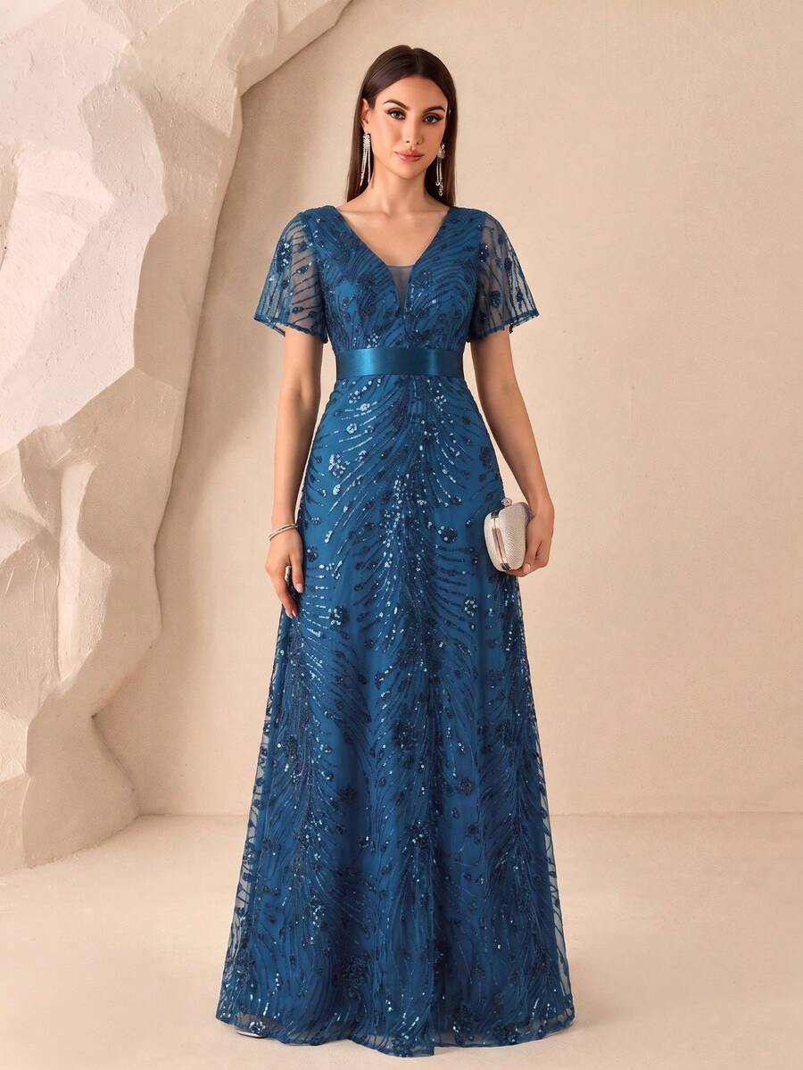 XUCTHHC 高品質亮片優雅V領蝴蝶袖A字晚禮服,正式舞會禮服,婚禮賓客,假日,秋冬 - 水鴨藍 - 查看 1