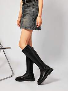 Black Glossy Elastic High-Top Boots For Women, Thick Sole Slimming Boots With Back Zipper, Slimming Versatile Knee-High Riding Boots - Black - View 5