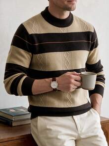 Men's Grey Striped Sweater, Suitable For Business, Commuting, And Casual Wear; A Thick, Round-Neck Knit Sweater For Autumn And Winter. - Khaki - View 4