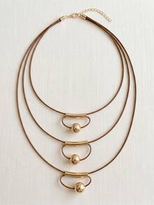 1pc Vintage Brown Rope Ball Layered Collarbone Necklace, Suitable For Women's Daily Wear, Holiday Gift And Birthday Gift - Brown + Gold - View 4