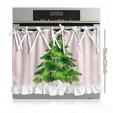 1PC Tie Strap Kitchen Curtain, Pink White Vertical Stripe, 2D Flat Print Pink Bow Christmas Tree Pattern, Ruffle Hem, Cabinet Stove Protective Curtain, Christmas Kitchen Home Window Decor - Multicolor - View 10