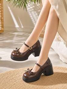 Women's Bow Mary Jane Shoes, Shiny Faux Leather, Single Strap Buckle, Thick Platform Chunky High Heel, Waterproof - Brown - View 2