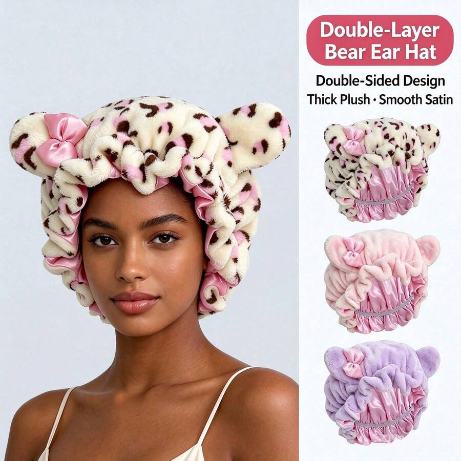 Double Layer Bear Ear Hat Women's Thick Fleece + Satin Hair Protection Sleep Cap - Double-layer Bear Ear Hat - View 1