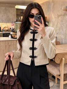 Women's Autumn/Winter Fashion Elegant Short Jacket, New Chinese Style Stand Collar Contrast Color Frog Button Waist Design Long Sleeve Top, Suitable For Casual, Commute And New Year Party Wear - Apricot - View 3