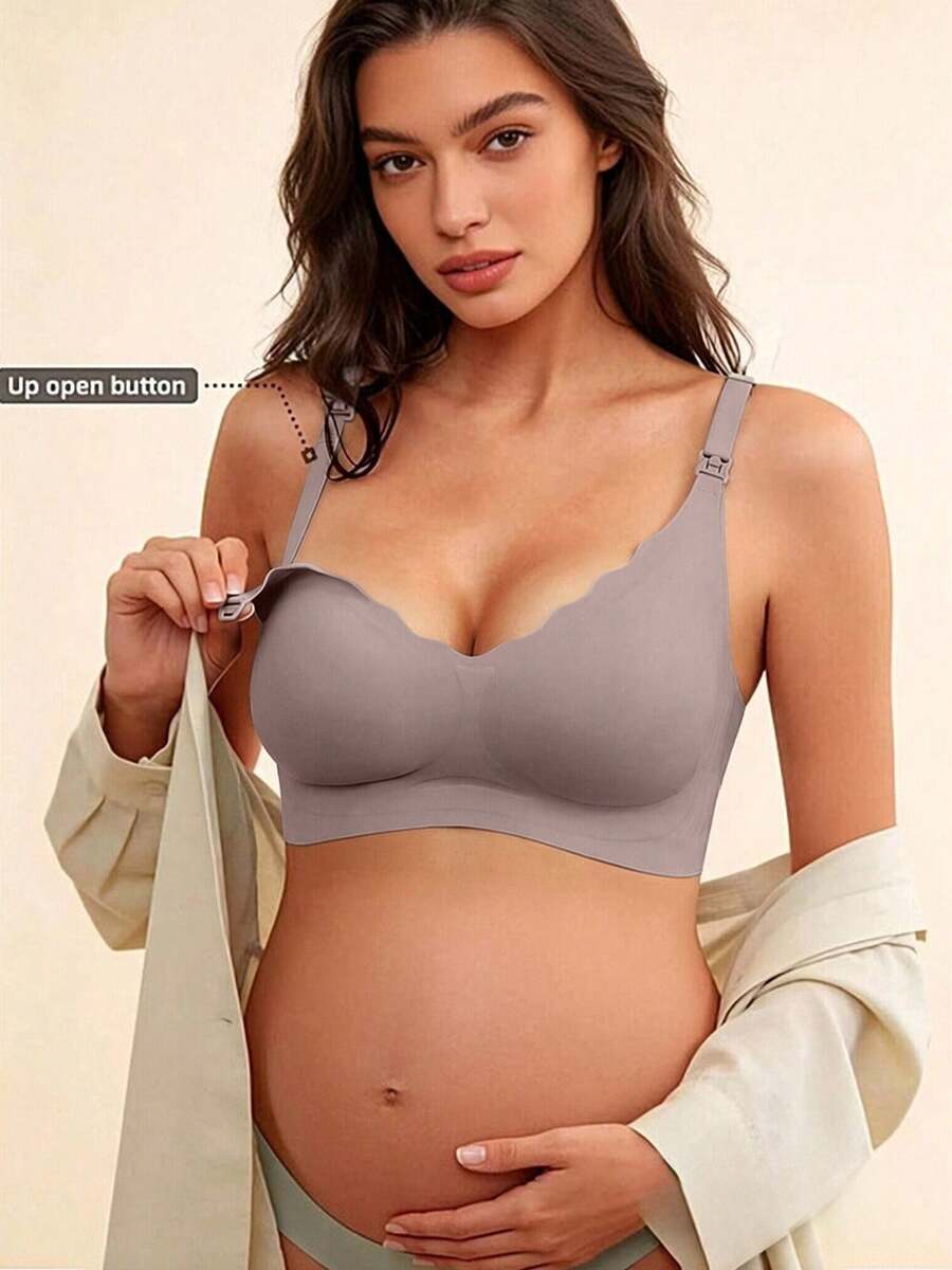 1pc Maternity Nursing Bra, Breathable Postpartum Feeding Bra, Comfortable Push-Up Anti-Sagging One-Piece Bralette - Brown - View 1