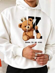 Men's Autumn/Winter American Street Style Crown Bear BORN TO BE KING Print White Hoodie Sweatshirt, Brand Top - White - View 2