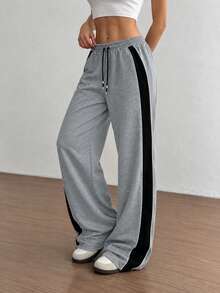 Women's Contrast Side Stripe Wide Leg Sweatpants, Drawstring Elastic Waist, Trim Detail, Loose Casual Streetwear Style, With Pockets - Light Grey - View 5
