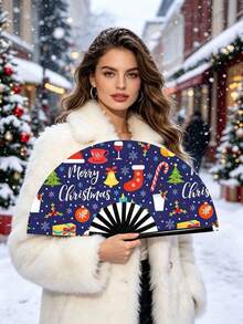 13 Inch Navy Blue Christmas Printed Folding Hand Fan, Black Ribs Handheld Fan With Xmas Tree Bell Stocking Pattern, Festive Christmas Cosplay Accessory, Christmas Party Decoration, Family Gathering Photo Prop, Holiday Gift - Christmas Navy Blue - View 12