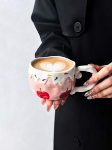1pc Ins Cute Fruit Ceramic Mug, Exquisite Girl Style Cream Rim Fruit Print Coffee Cup, Highly Attractive Water Cup, Tea Cup, Latte Art Cup, Beautiful Cup, Perfect Gift For Friends - Multicolor - View 2