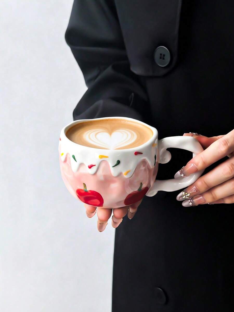 1pc Ins Cute Fruit Ceramic Mug, Exquisite Girl Style Cream Rim Fruit Print Coffee Cup, Highly Attractive Water Cup, Tea Cup, Latte Art Cup, Beautiful Cup, Perfect Gift For Friends