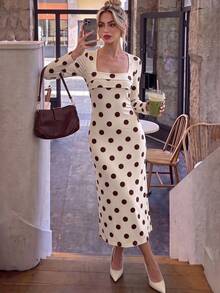 Vuslat Women's Elegant Square Neck Waist-Cinching Polka Dot Midi Dress, Suitable For Daily Commute, Party, Date, Christmas - Apricot - View 11