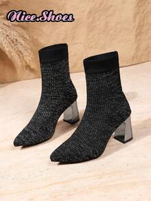 New Thick Heel Spring Autumn Winter All-Season Elastic Slimming Sock Boots High Heel Ankle Boots Commute Fashion Elegant Versatile Style - Black - View 2