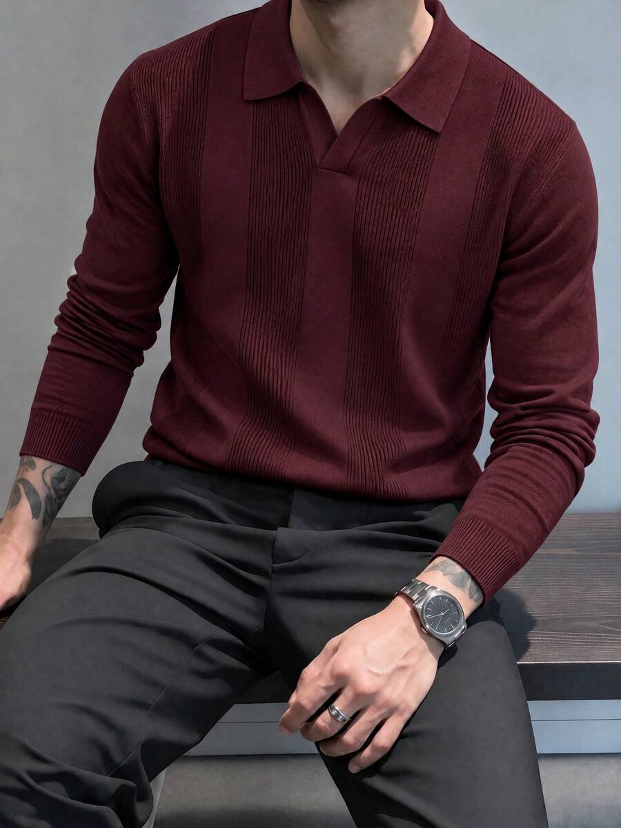 Sweater Rajut Pria Kasual Nyaman Motif Kotak-kotak Burgundy Gelap, Lengan Panjang Longgar - Burgundy - View 1