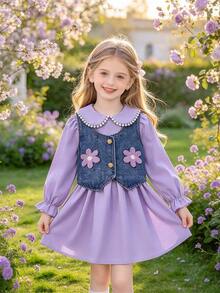 Girls Baby 2pcs Set Pearl Lace Peter Pan Collar Petal Sleeve Dress Embroidered Floral Washed Denim Vest Outfit Spring Autumn - Mauve Purple - View 7