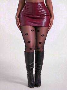 1 Pair Women's Lip Print Tights, Semi-Sheer Black Pantyhose, Suitable For Club And Party Looks - Multicolor - View 4