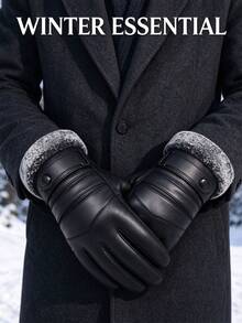 Men's PU Leather Winter Touchscreen Gloves, Faux Fur Collar Windproof Non-Slip Warm Driving Gloves With Adjustable Buckle - Black - View 3