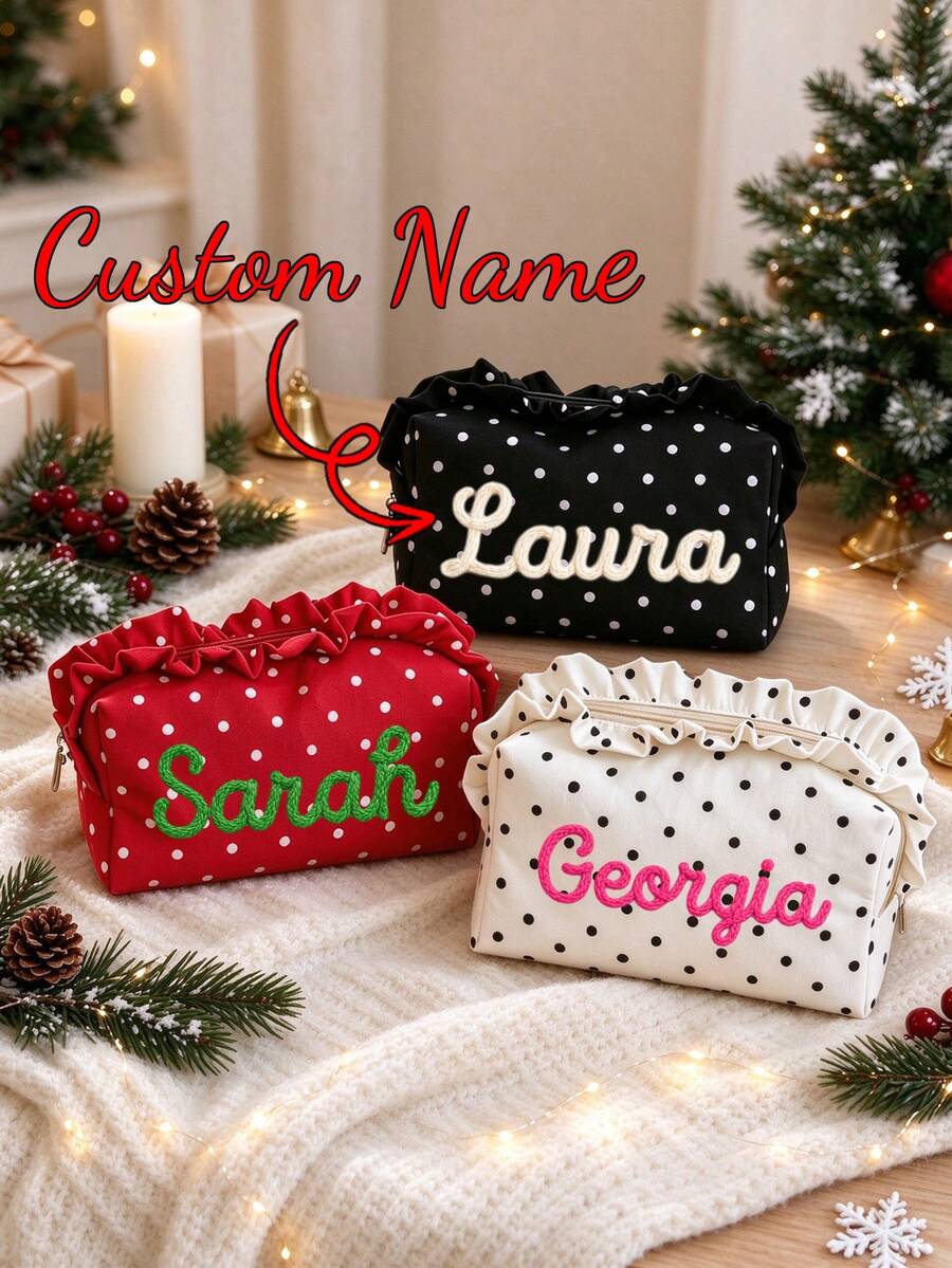 Personalized Handmade Custom Name Makeup Bag Polka Dot Ruffle Zipper Storage Pouch Travel Toiletry Bag Ideal Gift For Women (Christmas, Birthday Or Bridesmaid Gift) - Multicolor - View 1