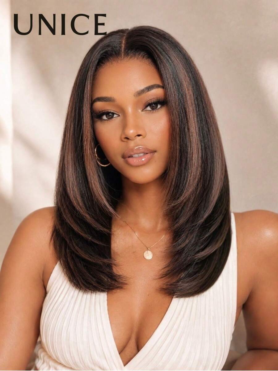 UNice Bye Bye Slip 7x5 Lace Chocolate Brown With Auburn Highlights Shoulder Length Layered Bob Glueless Wig Pre Plucked Pre Cut Bleached Knots Beginner Friendly Ready To Go 150% Density