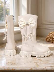 1 Pair Girls' Beige High-Top Riding Boots With Bow, Rhinestone, Iridescent Beads, Side Zipper, Thick Sole, Non-Slip, Spring/Autumn Princess Boots For School, Outings, Versatile Children's Fashion Boots - Beige - View 5