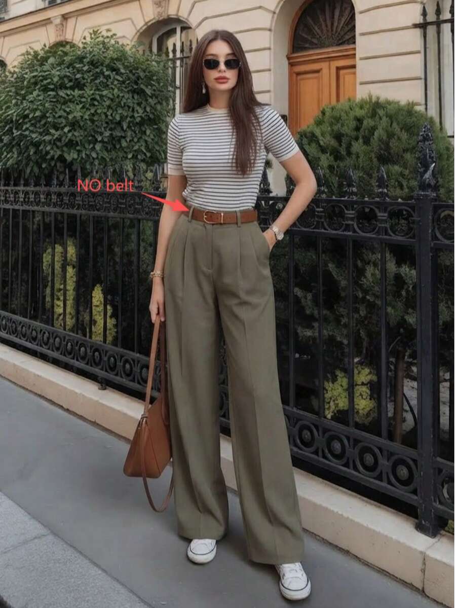 Women's High Waist Pleated Wide Leg Pants, Autumn Casual Solid Color Loose Long Pants, Office Commute Straight Leg Trousers - Olive Green - View 1