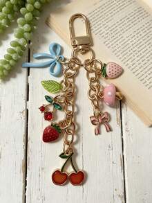 Cute Cartoon Fruit & Animal Keychain, Strawberry Cherry Mushroom Frog Bee Daisy Bow Enamel Pendant, Sweet Girl Alloy Bag Charm - Multicolor - View 10