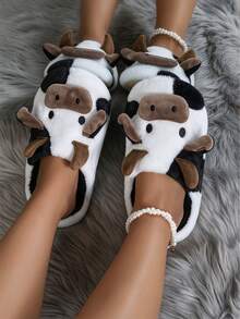Fashionable New Cow Cartoon Cow Plush Comfortable Couple's Indoor Home Slippers, Unisex, Silent Slippers For One Foot, Paired With Shoe Storage Bag - Multicolor - View 4