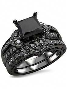 2 Copper Inlaid Black Zirconia Heart Ring Set - Black - View 10