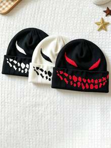 1pc Unisex Snarling Pattern Jacquard Reversible Knit Beanie Hat, Outdoor Casual Comfortable Hip-Hop Style Cold Weather Cap, Cycling Hat, Camping Hiking Windproof Warm - Reversible Grinning Knit Hat - View 3