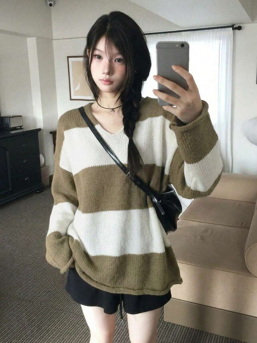 Striped V Neck Knit Sweater, Relaxed Fit Long Sleeve Pullover, Soft Brown And Cream Colorblock, Casual Fall Winter Outfit Essential, Chic Style - Coffee Brown - View 1