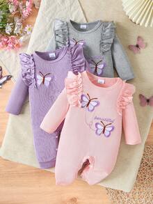 3pcs/Set Infant Girls Spring/Autumn Letter Butterfly Embroidered Round Neck Ruffle Long Sleeve Jumpsuit, Soft Sweet Style Knitted Comfortable Jumpsuit, Suitable For Daily Wear And Photo Shoots - Multicolor - View 1