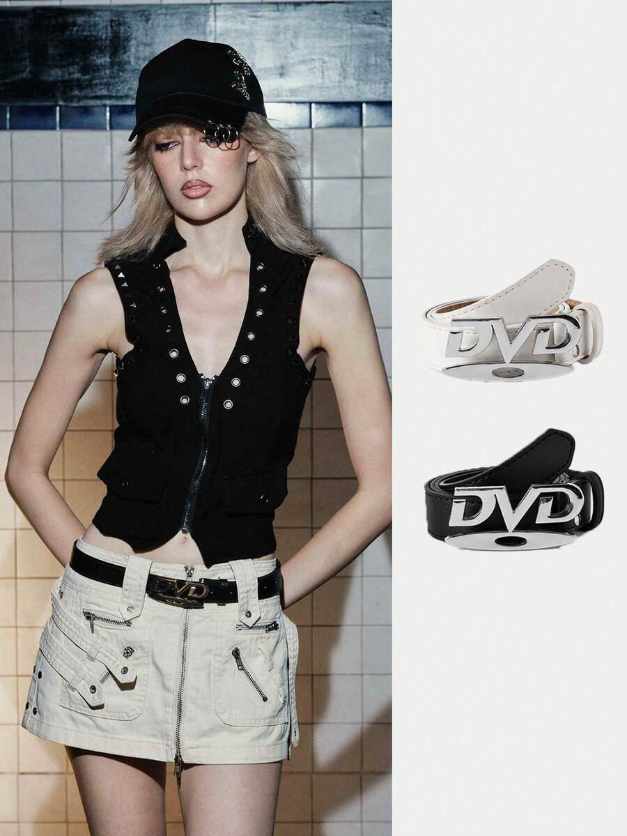MortiRose 2件装男女通用复古DVD扣腰带，105厘米/110厘米PU材质，多功能黑白装饰腰带，可搭配牛仔裤，女士礼物 - 白色+黑色 - 查看 1