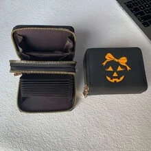 Pumpkin Face Print Card Holder Lightweight Fashionable Wallet Suitable For Daily Use For Women Double Zipper Mini Wallet Purse Wallet Card Wallet - Multicolor - View 3