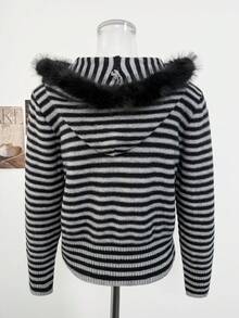 Women's Striped Fur Collar Hooded Zip-Up Cardigan Sweater Jacket, Retro Colorblock, Autumn/Winter - Black and Gray - View 9