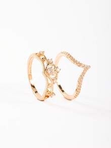 2 Pieces Vintage Openwork Crown And V-Shaped Stackable Ring Set For Women, Featuring Cubic Zirconia – Stylish 2-In-1 Stackable Statement Rings - Multicolor - View 7