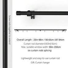 Lightweight, Minimalist Practical Black Curtain Rod Set, Spiral Splice Extension, Suitable For 23-80 Inch Windows, Can Install Lightweight Curtains, Sunshade Fabric, Gauze Fabric. Single Rod Curtain Rail, Wall-Mounted Installation. Suitable For Bedroom, Patio, Kitchen, Living Room, Dining Room, Office. Curtain Rod Comes With Hanging Rings And Clips - Black - View 9