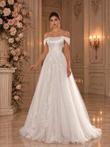 Women's Elegant Luxury Contrast Mesh Floral Embroidered Off-Shoulder Wedding Dress - White - View 4