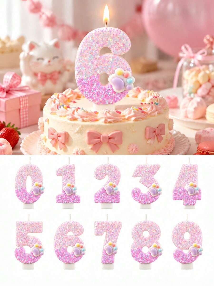 1pc Sequin Gradient Pink Cat Paw 0-9 Number Birthday Candle, Shiny Number Cake Topper Decoration, Pet Theme Cake Decor, Suitable For Cat And Dog Birthday Celebration Cake Decoration Accessories - View 1
