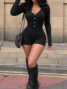 EARO Women's Black Ribbed Knit Jumpsuit, Long Sleeve V-Neck High Elasticity Slim Fit Short Jumpsuit With Button Detail - Black - View 7