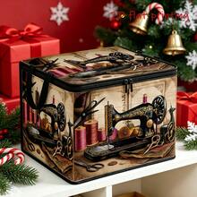 1pc Vintage Tailoring Element Storage Box With Lid, Nostalgic Sewing Tool Pattern, Exquisite European Old-Style Machine Design, Durable Fabric Material, Sturdy Side Handles, Foldable Space-Saving, Textile Storage, Decorative And Practical - A - View 3