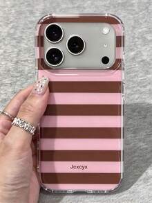 可愛拼色條紋亮面背殼手機殼，適用於 iPhone 18 Pro Max 18 Pro 17 Pro Max 17 Pro 17 16 Pro Max 16 Pro 16 15 Pro Max 14 13 15 Pro 15 14 16 Plus 極簡保護殼 - 粉紅棕色條紋 - 查看 2