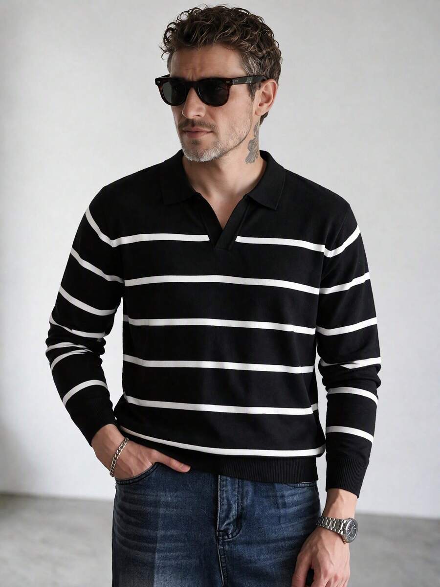 Men's Striped Polo Collar Long Sleeve Sweater - Black - View 1
