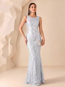 XUCTHHC Elegant Silver Sleeveless High Elasticity Geometric Sequin Mermaid Formal Ball Gown, Birthday And Wedding Guest Evening Dress, Autumn - Silver - View 6